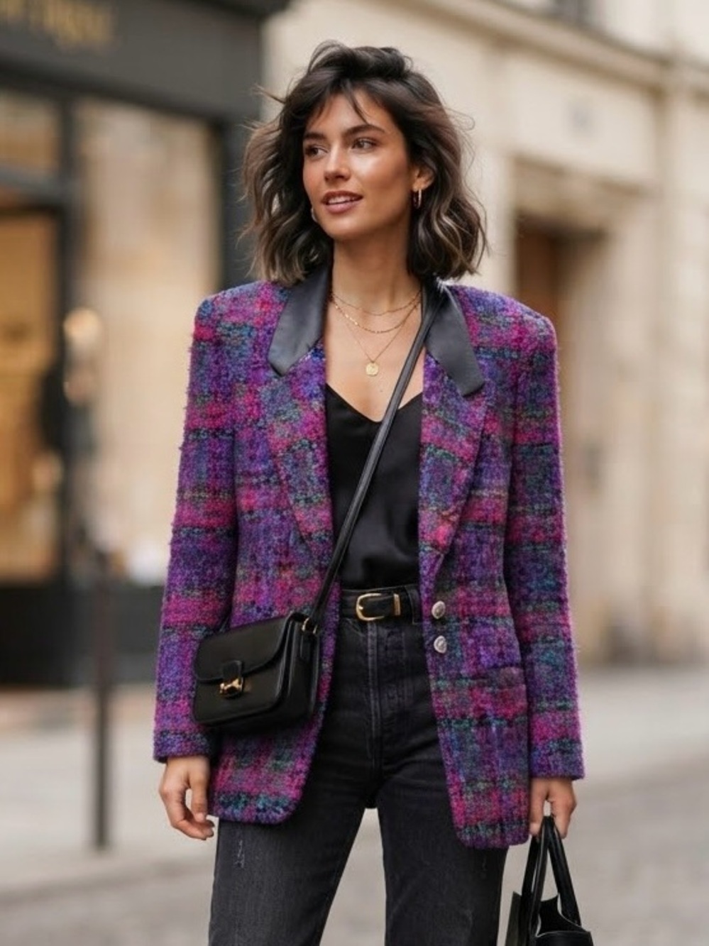 Petites Denise Vintage Purple Pink Tweed Blazer Black Leather Collar Wool Blend